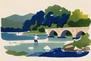 A detailed watercolor of an old man fly fishing in a river below an old stone bridge. Masterpiece, lovely composition, FML, watercolor, landscapes, nature, outdoors, art, style