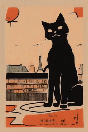 VSML A detailed matchbox label shows a black cat overseeing his domain, beyond the wet slick, gray slates, of the rooftops of Paris in the pouring rain. Masterpiece, lovely composition, 