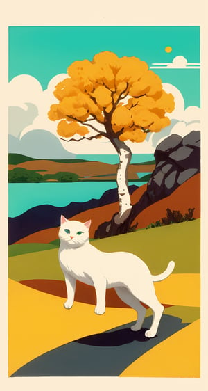 A minimalist, yet strong and bold, illustration of a white marmalade cat, on a rich yellow background, with bonsai tree-like teal clouds drifting, and a pink circle of sun, worn ink textures, grainy ink roller textures, fine art print, vintage Japanese styled, bar and cafe flyer, masterpiece of an illustration, lovely print style. reminiscent of the style of Rene Gruau and Saul Bass, illustration, GBH, landscape, outdoors,illustration,landscape