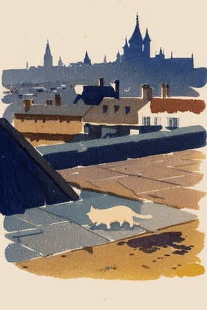 A detailed watercolor looking over the slick wet slates of the rooftops of Paris in the rain. A cat meanders past, it's his world. Masterpiece, lovely composition, FML, watercolor, landscapes, nature, outdoors, art, style