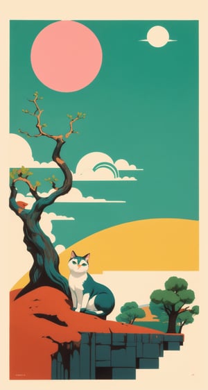 A minimalist, yet strong and bold, illustration of a white and marmalade cat, on a rich yellow background, with bonsai tree-like teal clouds, and a pink circle of sun, worn ink textures, grainy ink roller textures,ink print, vintage Japanese styled, bar and cafe flyer, masterpiece of an illustration, lovely print style. reminiscent of the style of Rene Gruau and Saul Bass, illustration, GBH, landscape, outdoors,illustration,landscape