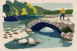 A detailed watercolor of an old man fly fishing in a river below an old stone bridge. Masterpiece, lovely composition, FML, watercolor, landscapes, nature, outdoors, art, style