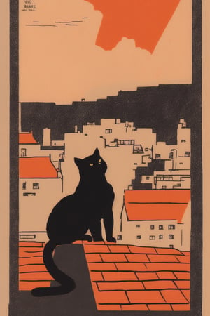 VSML A detailed matchbox label shows a black cat overseeing his domain, beyond the wet slick, gray slates, of the rooftops of Paris in the pouring rain. Masterpiece, lovely composition, 