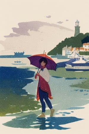 A detailed watercolor of a girl on a pier holding and standing under her open red umbrella on a rainy day in an English seaside town. Masterpiece, highly detailed, FML, watercolor, landscapes, nature, outdoors, art, style