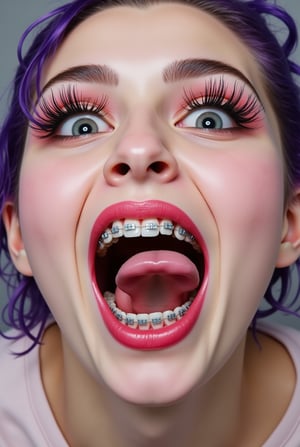 Billie Eilish face, tongue out, ahegao, open mouth, teeth with braces