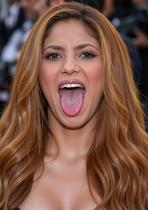 Shakira screaming, tongue out, ahegao, open wide mouth, nerd glasses, camera from above, a lot of, saliva and milk on her face and tongue