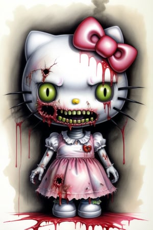 Zombie Hello Kitty, color pencil sketch, art by Stephen Gammell, ultra detailed, ultra realistic