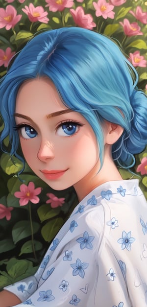 "(Close up:1.1), sharp focus, realistic, Hyperrealistic, close-up of a pixie gnome, a Russian child with micro blue hair and large, blue eyes, exudes joy sitting within the cup of a giant peony in a lush garden, decked in a polka-dot white floral dress, surrounded by intricately detailed, flower-made scales, petals cascading around the dynamic scene invoking the styles of Rockwell, Ryniac, Ceccoli, and Ry"
