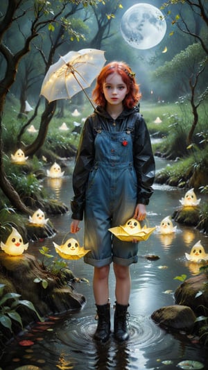 glowing eyeballs, wearing a jean overalls and black boots, yeallow raincoat, playing with a paper boat on a stream of water,  tiny pixie  red-haired beautiful  17 years old girl  perfect moon face  vintage fairy lights, neon glowing ghosts grave, trees, moon, raven   , detailed skin texture, otherworldly halo, glowing eyes  road by Ceccoli, Burton  fog  Rockwell Disney  ., Royo, Vallejo Craola, by Carl Rungius | Ivan Rabuzin | Ed Emshwiller] cinematic, 32k, , , highly detailed, intricated, intricated pose,  high quality, centered, perfect composition