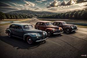 Generate an enchanting and award-winning masterpiece that transports viewers to the heartwarming era of the 1940s. The central scene should depict a thrilling car race featuring two iconic vehicles from the era: a 1941 Pontiac Streamliner and a 1946 Plymouth Deluxe.

The cars should exude an aura of speed and power, with every detail meticulously rendered. The textures of the metal exteriors should showcase the glint of shiny chrome, and the windows should be polarized and tinted to perfection, adding an air of mystique to the vehicles. Focus on the front of the cars to emphasize their distinct features.

In the foreground, capture a crouching and delighted kid who is eagerly watching the race. The child should be dressed in a charming 1940s-style outfit, complete with a short suit and a classic newsboy hat. The fabric of the clothing and the details of the outfit should be rendered with precision.

The child's eyes should sparkle with excitement and wonder as they gaze upon the racing cars, conveying the joy and nostalgia of the moment. Their expression should evoke a sense of happiness and anticipation, reminding viewers of the simple joys of childhood.

Infuse the scene with a vibrant and cinematic color palette, enhancing the nostalgic atmosphere of the 1940s. Ensure that the entire scene is well-illuminated, capturing the warmth of the daytime sun. Utilize dramatic illumination to add depth and dimension to the composition, casting dynamic shadows and highlights.

Implement High Dynamic Range (HDR) techniques to capture a wide range of tones and colors, enhancing the visual impact of the artwork. This masterpiece should be created in an astonishing 32k resolution, allowing viewers to appreciate every nuance and detail.

Ultimately, this artwork should be an emotionally resonant and award-winning portrayal of a 1940s car race, evoking feelings of happiness, nostalgia, and the timeless wonder of childhood."