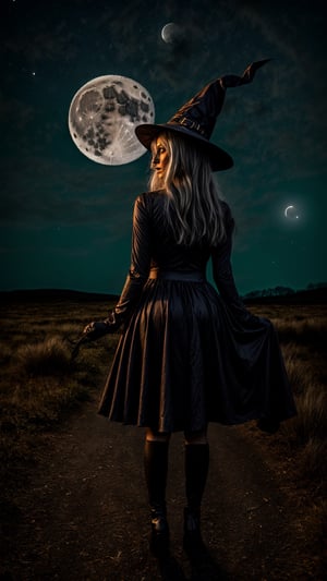 anunnaki woman celebrating halloween dressed as a witch, dramatic illumination, mid night, full moon, black sky , orange full moon