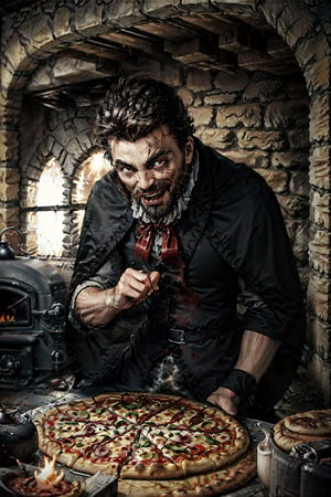 Dracula preparing a veggie pizza, old stone house, old stone oven, detailed textures, dramatic lightning, detailed dracula eyes and fangs, white face, round black eyes, going bold, black and red cape, burned dis finger with the oven, hot oven, fire reflection from oven,fangs, well illuminated, warm feeling, creepy, horror, cinematic, award winning masterpiece