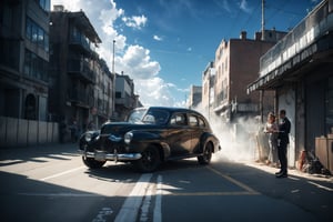 "Generate an enchanting and award-winning masterpiece that transports viewers to the heartwarming era of the 1940s. The central scene should depict a thrilling car race featuring two iconic vehicles from the era: a 1941 Pontiac Streamliner and a 1946 Plymouth Deluxe.

The cars should exude an aura of speed and power, with every detail meticulously rendered. The textures of the metal exteriors should showcase the glint of shiny chrome, and the windows should be polarized and tinted to perfection, adding an air of mystique to the vehicles. Focus on the front of the cars to emphasize their distinct features.

In the foreground, capture a crouching and delighted kid who is eagerly watching the race. The child should be dressed in a charming 1940s-style outfit, complete with a short suit and a classic newsboy hat. The fabric of the clothing and the details of the outfit should be rendered with precision.

The child's eyes should sparkle with excitement and wonder as they gaze upon the racing cars, conveying the joy and nostalgia of the moment. Their expression should evoke a sense of happiness and anticipation, reminding viewers of the simple joys of childhood.

Infuse the scene with a vibrant and cinematic color palette, enhancing the nostalgic atmosphere of the 1940s. Ensure that the entire scene is well-illuminated, capturing the warmth of the daytime sun. Utilize dramatic illumination to add depth and dimension to the composition, casting dynamic shadows and highlights.

Implement High Dynamic Range (HDR) techniques to capture a wide range of tones and colors, enhancing the visual impact of the artwork. This masterpiece should be created in an astonishing 32k resolution, allowing viewers to appreciate every nuance and detail.

Ultimately, this artwork should be an emotionally resonant and award-winning portrayal of a 1940s car race, evoking feelings of happiness, nostalgia, and the timeless wonder of childhood."