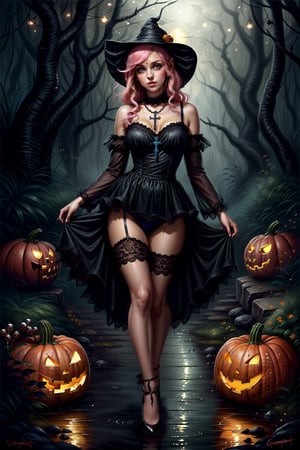 full body a cute charming halloween ((gargamel))  wearing a (((his classic outfit and a rosary))),  glitter,  in a dark magical forest, an ultra hd detailed painting, digital art, big dark eyes, hold a pumpkin, Jean-Baptiste Monge style, bright, beautiful, splash, Glittering, cute and adorable, filigree, rim lighting, lights, extremely, magic, surreal, fantasy, digital art, wlop, french dress, panty showing, ((pink panties))