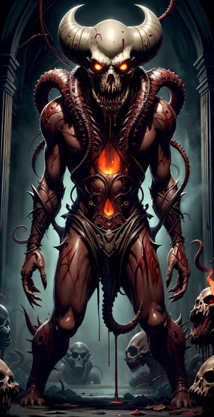 Name: Noc'Thar

Description:

Noc'Thar is a nightmarish fusion of otherworldly horrors, an embodiment of fear itself. Standing at a towering 8 feet tall, its perfect body proportions exude an eerie sense of grace and malevolence. Its skin is a grotesque collage of mottled, sickly greens and blacks, adorned with pulsating veins that glow with an otherworldly luminescence. The texture is a nightmarish blend of smooth, rubbery flesh and slimy, tentacle-like appendages that writhe and coil around its body.

Noc'Thar's face is a horrifying amalgamation of a clown's sinister grin, a kraken's beak-like jaws, and a predator's mandibles, all concealed beneath a grotesque, shape-shifting mask. Its eyes, devoid of any humanity, are luminescent orbs of malevolent yellow, glowing with an insatiable hunger for terror.

Fanged maws, serrated like a shark's, jut out from the sides of its face, dripping with green, acidic saliva. These fangs can extend to nightmarish lengths when it's in pursuit of prey.

Noc'Thar's limbs are long, slender, and sinewy, ending in sharp claws that can rend flesh from bone effortlessly. Its lower body splits into spider-like legs, enabling it to crawl and climb with unnerving agility.

But perhaps the most gruesome aspect of Noc'Thar is its insatiable appetite for raw, dripping meat, which it devours in a frenzied, gluttonous manner. Its guttural growls and grunts echo with a cacophony of terror as it feasts on the souls of its victims.

Noc'Thar is a relentless, remorseless predator, a creature of unspeakable horror that lurks in the darkest corners of your nightmares. This creation, a macabre blend of horror icons, would undoubtedly make an unforgettable addition to the pantheon of terrifying characters, envisioned in the styles of Tim Burton and Guillermo del Toro, bringing an unsettling blend of beauty and horror to the screen.