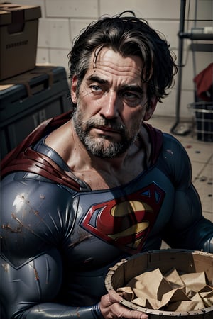 The final masterpiece should be nothing short of spectacular, rendered in astonishing 32k resolution. This level of detail ensures that every wrinkle, every thread in the fabric, and every expression line on Superman's face is visible, immersing the viewer in a world where even superheroes face the inevitability of time and change. superman body suit dirty ripped and smelly, he is unclean, dirty, stincky, old, homeless, piss_drunk,fat, chubby