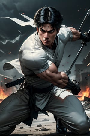 "Generate an exceptional and award-winning full-body portrait of Storm Shadow, the iconic white-clad ninja character from G.I. Joe cartoons. This portrait should capture his formidable presence, showcasing his traditional white ninja suit.

Storm Shadow's appearance should feature striking Asian eyes, an essential element of his identity. However, his eyes should be very light blue, adding an intriguing and unique aspect to his character. His gaze should convey a sense of determination and focus.

Place Storm Shadow in a dynamic fighting position, standing in the middle of a chaotic urban street scene. In the background, depict a scene of chaos and destruction, with explosions, fires, and a crashed helicopter adding to the intensity of the battle.

Storm Shadow should be engaged in combat with black-clad ninjas, portraying a fierce martial arts showdown. The textures of the fabrics in his clothing, including his iconic white ninja suit, should be meticulously rendered, highlighting the details of the materials and folds.

Utilize a rich and cinematic color palette to enhance the atmosphere of the battle, with a range of vibrant and harmonious colors that create a visually captivating experience. Ensure that the scene is well-illuminated, allowing viewers to appreciate every detail of the action.

Implement dramatic illumination to enhance the mood and depth of the portrait, with dynamic lighting casting dramatic shadows and highlights. Utilize High Dynamic Range (HDR) techniques to capture a broad range of tones and colors.

This full-body portrait should be a masterpiece in 32k resolution, offering incredible clarity and detail. It should not only capture the essence of Storm Shadow as a character but also deliver a visually stunning and emotionally charged depiction of a street battle. This artwork should be an award-winning masterpiece."