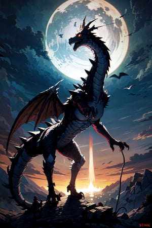 ((A dragon)) on top of dante's peak, red full moon, lightning draculas castle next to dante's peak, dark eerie, creepy, colorful, magical,well illuminated, HDR, well lit, by greg rutkowski, steven spielberg and tim burton