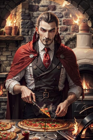 Dracula preparing a veggie pizza, old stone house, old stone oven, detailed textures, dramatic lightning, detailed dracula eyes and fangs, white face, round black eyes, going bold, black and red cape, burned dis finger with the oven, hot oven, fire reflection from oven,