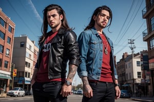 2_men standing posed for music cover/album, beards, rapper style, symetrical face, white_men, long hair, anime_style, manga_book_cover, ripped clothing, (red and black), (blue and black), black_hair_brothers, holding_guns, cityscape