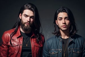 2_men standing posed for music cover/album, beards, rapper style, symetrical face, both white men, long hair, anime_style, manga_book_cover, ripped clothing, (red and black), (blue and black), black_hair_brothers