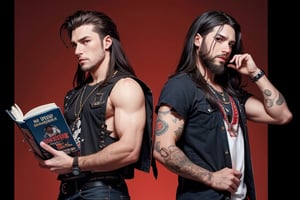 2_men standing posed for music cover/album, beards, rapper style, symetrical face, both white men, long hair, anime_style, manga_book_cover, ripped clothing, (red and black), (blue and black), black_hair_brothers