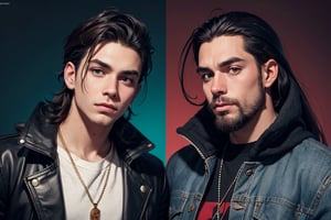 2_men standing posed for music cover/album, beards, rapper style, symetrical face, both white men, long hair, anime_style, manga_book_cover, ripped clothing, (red and black), (blue and black)