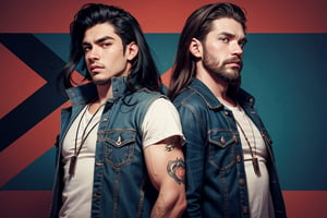 2_men standing posed for music cover/album, beards, rapper style, symetrical face, both white men, long hair, anime_style, manga_book_cover, ripped clothing, (red and black), (blue and black), black_hair_brothers, holding_guns