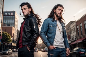 2_men standing posed for music cover/album, beards, rapper style, symetrical face, white_men, long hair, anime_style, manga_book_cover, ripped clothing, (red and black), (blue and black), black_hair_brothers, guns, cityscape