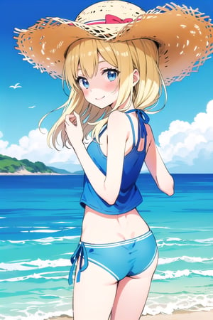 Flat color, seaside, one girl, teenager, slim, fair skin, blonde medium length hair tied back, blue eyes, tank top and bikini, straw hat, from behind, looking back, smiling, blue sky, bright sunlight, watercolor