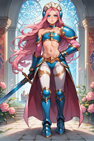  score_9, score_8_up, score_7_up, score_6, score_5, score_4, source_anime, 1girl, armor, bikini armor, blue eyes, choker, flat chest, full body, gauntlets, hand on own hip, headdress, long hair, pink hair, power suit, solo, strapless bottom, sword, very long hair, weapon, medieval castle