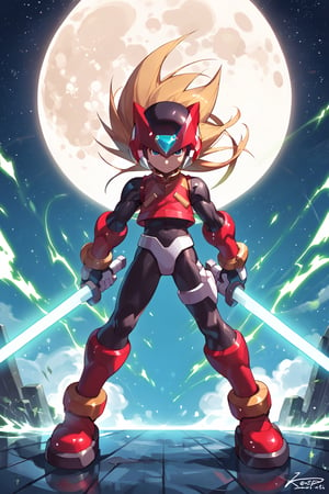 digital_media_(artwork) hi_res, score_9, score_8_up, score_7_up, score_6_up, score_5_up, score_4_up, 1boy,  zero(ver.ke), mega man x \(series\), zero \(mega man\), reploid, beam saber, helmet, blonde hair, mechanical boots, (Accessories Theme:1.4), (hold a sword), (long hair:1.3), (force aura theme:1.3), ((moon, star, moutain)),megaman_zero