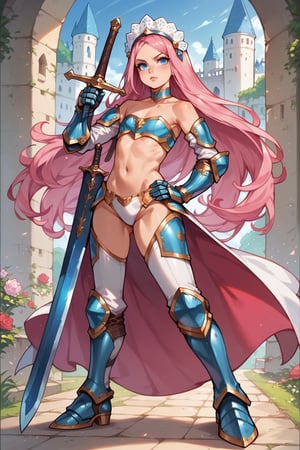  score_9, score_8_up, score_7_up, score_6, score_5, score_4, source_anime, 1girl, armor, bikini armor, blue eyes, choker, flat chest, full body, gauntlets, hand on own hip, headdress, long hair, pink hair, power suit, solo, strapless bottom, sword, very long hair, weapon, medieval castle