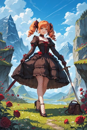 score_9, score_8, score_7, score_7_up, score_8_up, 1girl, solo, lolita_fashion, gothic_lolita, weapon, drill_hair, sword, pantyhose, orange_hair, flower, twintails, dress, twin_drills, high_heels, grass, green_eyes, outdoors, fishnets, sky, gloves, day, full_body, rose, choker, holding_weapon, holding, mountain, red_hair, looking_at_viewer