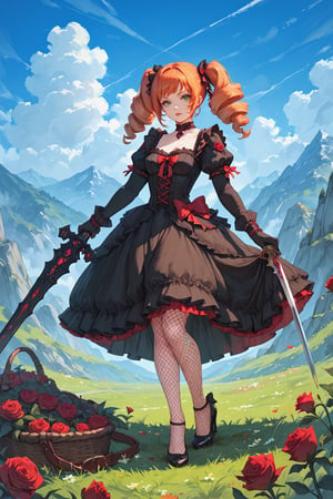 score_9, score_8, score_7, score_7_up, score_8_up, 1girl, solo, lolita_fashion, gothic_lolita, weapon, drill_hair, sword, pantyhose, orange_hair, flower, twintails, dress, twin_drills, high_heels, grass, green_eyes, outdoors, fishnets, sky, gloves, day, full_body, rose, choker, holding_weapon, holding, mountain, red_hair, looking_at_viewer