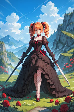 score_9, score_8, score_7, score_7_up, score_8_up, 1girl, solo, lolita_fashion, gothic_lolita, weapon, drill_hair, sword, pantyhose, orange_hair, flower, twintails, dress, twin_drills, high_heels, grass, green_eyes, outdoors, fishnets, sky, gloves, day, full_body, rose, choker, holding_weapon, holding, mountain, red_hair, looking_at_viewer