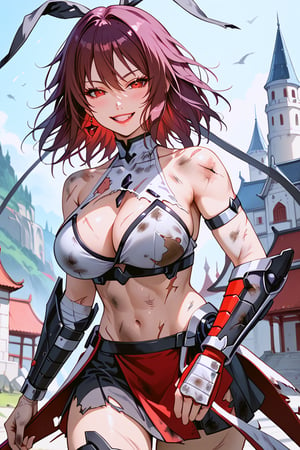 score_9, score_8_up, score_7_up, score_6_up, masterpiece, best quality, ultra-detailed,anime style
post-apocalypse theme, 1girl, (mizukishiranui, purple hair, red eyes,, teenage, torn clothes, dirty clothes, bikini armor, crop top, leather skirt, armored boots, scar across eye, scar on cheek), scowl, castle,scary,dark,aqua,mizukishiranui, purple hair, red eyes