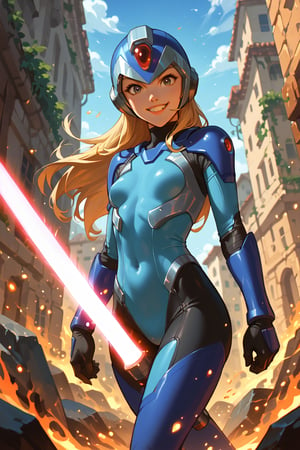 digital_media_(artwork) hi_res, score_9, score_8_up, score_7_up, score_6_up, score_5_up, score_4_up, rating_safe, beautiful, slim, slender, small breasts, cute, helmet, bodysuit under clothes,  long blonde hair, beautiful eyes, smile, solo, SFW, zero, holding weapon, energy sword,