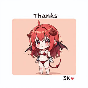 ((LINE stamp style)),flat illustration, anime, bright, cute, small, 1 girlish boy, red hair, long hair, demon horns, demont tail, evill wing,bikini armor ,((Show text "thanks 3k 🌙"))