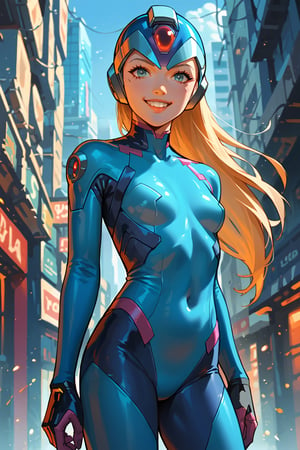 digital_media_(artwork) hi_res, score_9, score_8_up, score_7_up, score_6_up, score_5_up, score_4_up, rating_safe, beautiful, slim, slender, small breasts, cute, helmet, bodysuit under clothes,  long blonde hair, beautiful eyes, smile, solo, SFW, Cyberpunk City Tycoon,good_hands