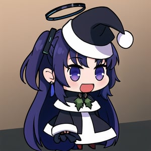 , Padoru_Meme, open mouth, ((masterpiece,best quality)), absurdres, ,Hayase Yuuka , long hair, hair ornament, black ribbon, earrings, purple headwear,  cowboy shot,  smile,yuukadef