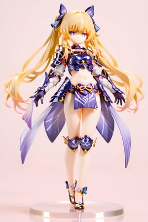 1girl, armor, bikini armor, blonde hair, bow, breastplate, crotch plate, frown, full body, gloves, hair bow, hair ribbon, high heels, legs, long hair, midriff, navel, purple eyes, revealing clothes, ribbon, shoes, simple background, solo, standing, twintails, very long hair.,score_9,score_8_up,score_7_up,3D,PVC Style