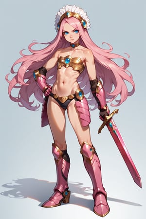  score_9, score_8_up, score_7_up, score_6, score_5, score_4, source_anime, 1girl, armor, bikini armor, blue eyes, choker, flat chest, full body, gauntlets, hand on own hip, headdress, long hair, pink hair, power suit, solo, strapless bottom, sword, very long hair, weapon.