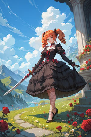 score_9, score_8, score_7, score_7_up, score_8_up, 1girl, solo, lolita_fashion, gothic_lolita, weapon, drill_hair, sword, pantyhose, orange_hair, flower, twintails, dress, twin_drills, high_heels, grass, green_eyes, outdoors, fishnets, sky, gloves, day, full_body, rose, choker, holding_weapon, holding, mountain, red_hair, looking_at_viewer