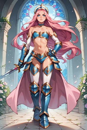  score_9, score_8_up, score_7_up, score_6, score_5, score_4, source_anime, 1girl, armor, bikini armor, blue eyes, choker, flat chest, full body, gauntlets, hand on own hip, headdress, long hair, pink hair, power suit, solo, strapless bottom, sword, very long hair, weapon, medieval castle