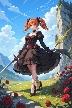 score_9, score_8, score_7, score_7_up, score_8_up, 1girl, solo, lolita_fashion, gothic_lolita, weapon, drill_hair, sword, pantyhose, orange_hair, flower, twintails, dress, twin_drills, high_heels, grass, green_eyes, outdoors, fishnets, sky, gloves, day, full_body, rose, choker, holding_weapon, holding, mountain, red_hair, looking_at_viewer