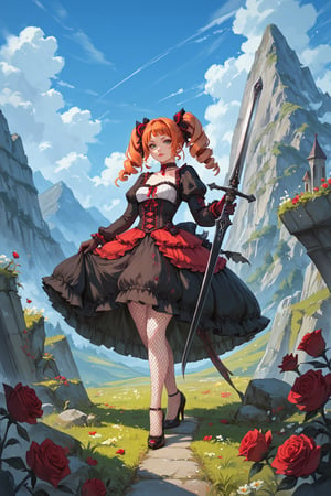 score_9, score_8, score_7, score_7_up, score_8_up, 1girl, solo, lolita_fashion, gothic_lolita, weapon, drill_hair, sword, pantyhose, orange_hair, flower, twintails, dress, twin_drills, high_heels, grass, green_eyes, outdoors, fishnets, sky, gloves, day, full_body, rose, watermark, choker, holding_weapon, holding, mountain, red_hair, looking_at_viewer