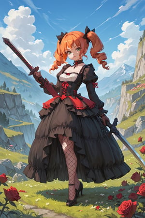 score_9, score_8, score_7, score_7_up, score_8_up, 1Loli , solo, lolita_fashion, gothic_lolita, weapon, drill_hair, sword, pantyhose, orange_hair, flower, twintails, dress, twin_drills, high_heels, grass, green_eyes, outdoors, fishnets, sky, gloves, day, full_body, rose, choker, holding_weapon, holding, mountain, red_hair, looking_at_viewer