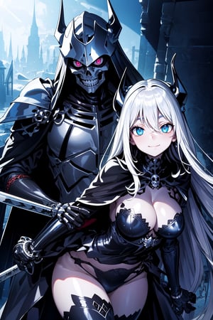 (masterpiece), (best quality), (detailed), {{illustration}}  {{{ knight girl, dark knight, dark armor, skull helmet, sinister, specter, archmage, skulls, torn cape, undead, white skin, long hair, blue eyes, villainous smile, bluish skin, spectral energy, cursed sword, ice magic, snowy wasteland, night, skeleton knight, skeleton horse, rider, night }}} {best quality}, {{hi res}}