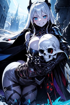 (masterpiece), (best quality), (detailed), {{illustration}}  {{{ knight girl, dark knight, dark armor, skull helmet, sinister, specter, archmage, skulls, torn cape, undead, white skin, long hair, blue eyes, villainous smile, bluish skin, spectral energy, cursed sword, ice magic, snowy wasteland, night, skeleton knight, skeleton horse, rider, night }}} {best quality}, {{hi res}}